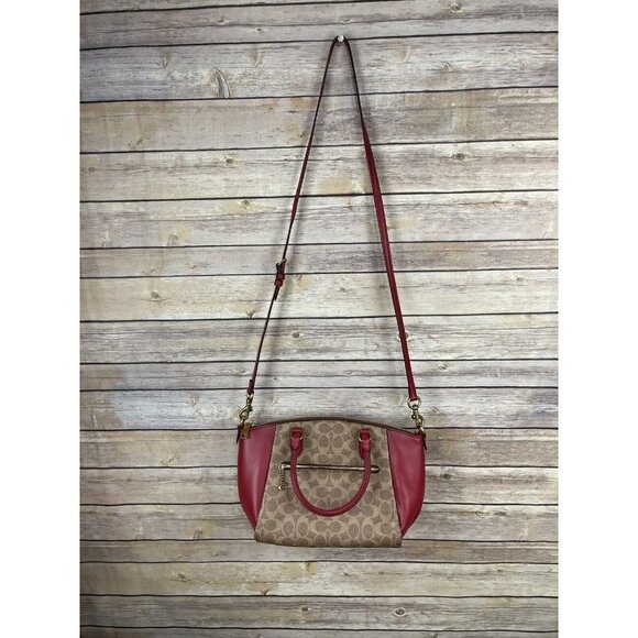 Coach Elise Crossbody Bag NEW Tan Red Apple Signature Double Handle C Print - Picture 2 of 12
